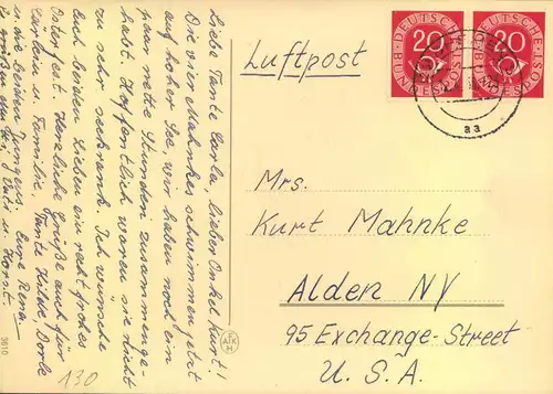 1954, 20 Pfg. Posthorn im waagerechten Paar auf portogerechter Luftpostkarte ab BREMEN