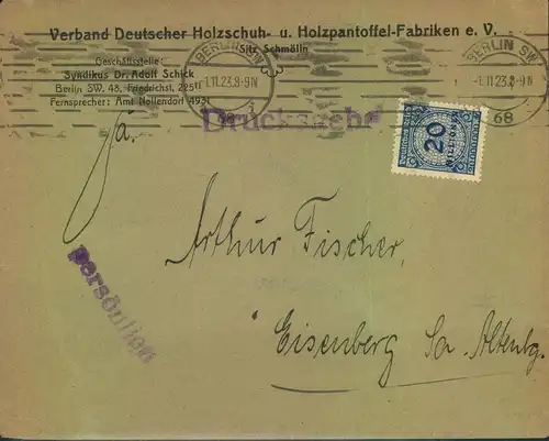1923, 20 Mio. als EF auf Drucksache ab "BERLIN SW 68 - 1.11.23" - selten aus der Portoperiode 1.11.-4.11.23