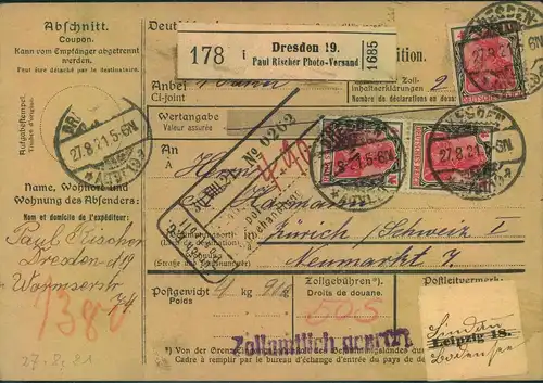 1921, Auslandspaketkarte mit Selbstbucher-Paketzettel von DRESDEN nach Zürich