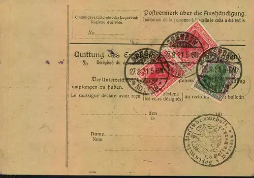 1921, Auslandspaketkarte mit Selbstbucher-Paketzettel von DRESDEN nach Zürich