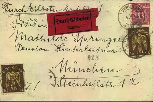 1923, Eilbrief mit besserer Frankatur von BERLIN SW 11 nach München