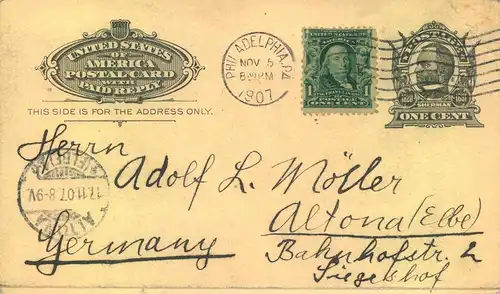 1907, double statiomery card with additional franking from PHILADELPHIA to Altona
