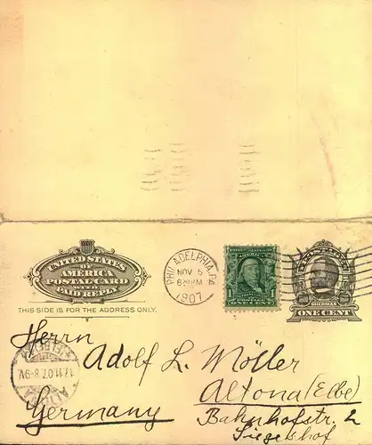 1907, double statiomery card with additional franking from PHILADELPHIA to Altona