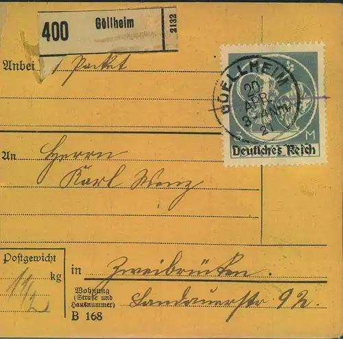 1921,3 Mark "Bayern Abschied" als EF auf Paketkarten-Stammteil ab GÖLLHEIM