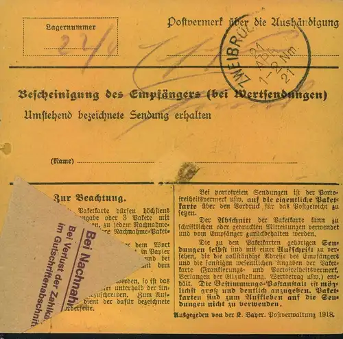 1921,3 Mark "Bayern Abschied" als EF auf Paketkarten-Stammteil ab GÖLLHEIM