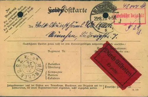 1923, Eilkarte ab BLEICHERODE29.8.23 mit rotem "Gebühr bezahlt"