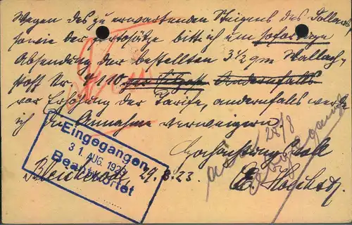 1923, Eilkarte ab BLEICHERODE29.8.23 mit rotem "Gebühr bezahlt"