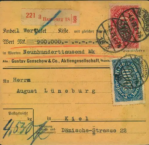 1923, Paketkartenstammteil für ein Wertpaket von HAMBURG nach Kiel