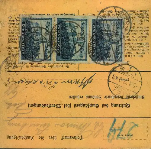 1923, Paketkartenstammteil für ein Wertpaket von HAMBURG nach Kiel