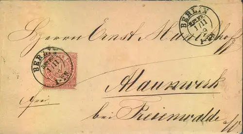 1869, "BERLIN HST. P.E. 1/11 69" auf Brief mit 1 Gr. BDP