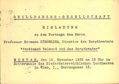 1936, Einladung der "GRILLPARZER-GESELLSCHAFT"