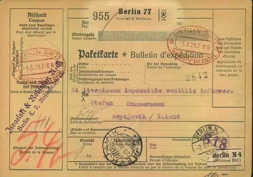 1929, JUDAICA, Paketkarte "Israelski & Robinson" mit "BERLIN SW 77 Gebühr bezahlt" nach Island