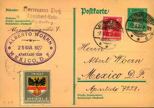 1928: 5 Pfg. Ganzsachenkarte mit Zusatzfrankatur ab ALTRAHLSTEDT nach MEXICO