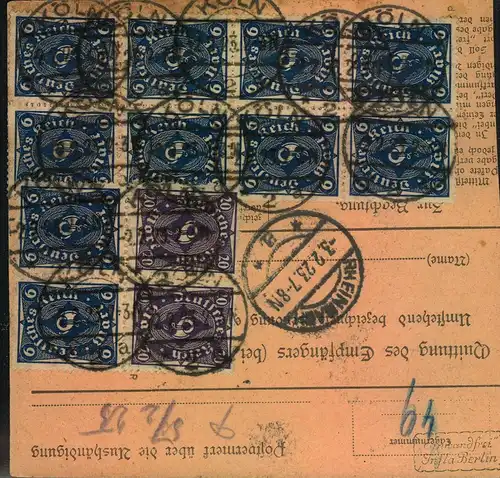 1923, Paketkarte ab "CÖLN 2" mit 2 Querformaten und rücks. Aufbrauch Posthorn