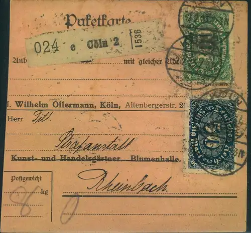 1923, Paketkarte ab "CÖLN 2" mit 2 Querformaten und rücks. Aufbrauch Posthorn