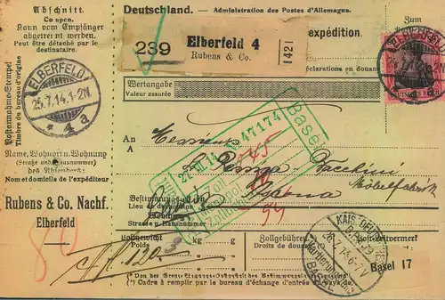 1914, Auslandspaketkarte mit EF 80 Pfg. Germania Friedensdruck ab ELBERFELD
