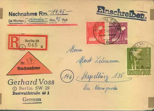 1947, Einschreiben / Nachnahme mit besserer 148 Pfg. Frankatur ab BERLIN SW 11