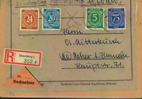 1947, Einschreiben/Nachnahme ab DUISBURG 1