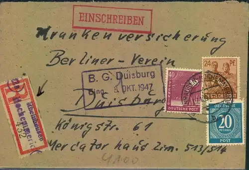 1947, Einschreiben mit üNot-R-zettel "(22a) Rheinhausen-Hochmmeiderich"  (Duisburg)