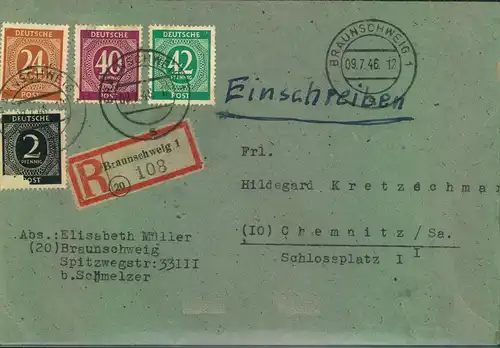 1946, portogerechtes Einschreiben u 2. Gewicht u. a. 42 Pfg. Ziffer ab BRAUNSCHWEIG