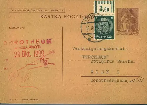 1938, Postkarte aus dem besetzten POSEN wegen Auktionsbetiligung an das "Dortheum" in Wien