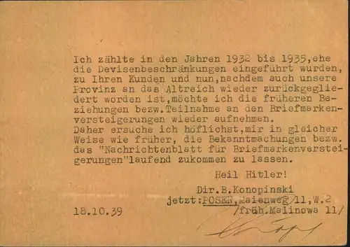 1938, Postkarte aus dem besetzten POSEN wegen Auktionsbetiligung an das "Dortheum" in Wien