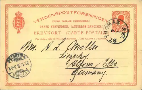 1908, DANISH WESTINDIES, stationery card from ST: THOMAS to Altona (ahmburg)