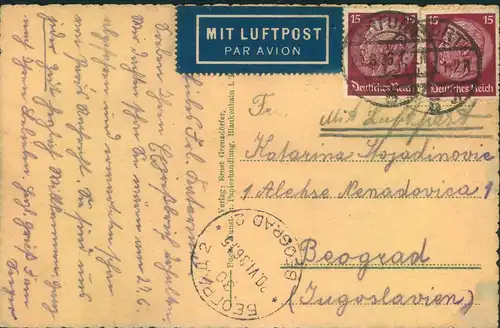 1936, 15 Pfg. Hindenburg 2-mal auf portogerechter Luftpostkarte ab ERFURT nach Belgrad. Sehr seltene Mehrfachfrankatur