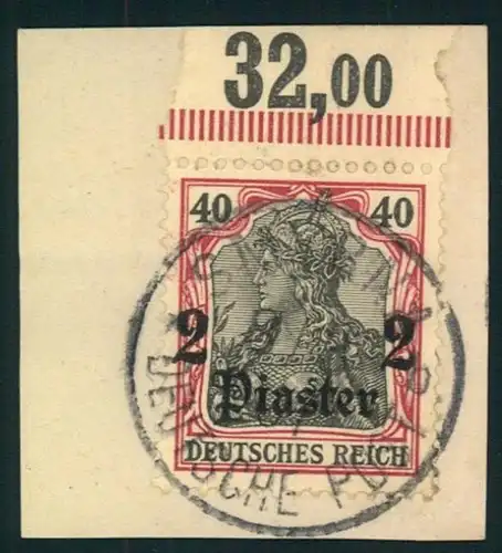 1905, 2 Piaster auf 40 Pfg. Germania Oberrand Plattendruck gestempelt SMIRNA