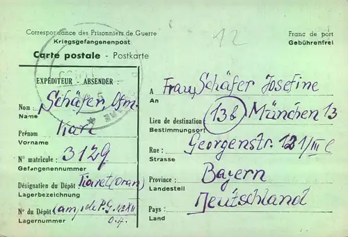 1945, 2 Kriegsgefangenenkarten aus TIARET (Algerien) ohne deutsche Zensur (Stummer Überroller) nach Nünchen