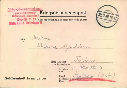 1940, Kriegsgefangenen-Vordruckbrief (P.O.W.) aus "OFLAG XIII A"; hAMMELBURG