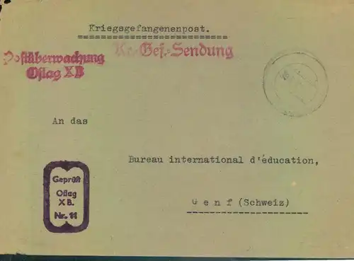 1940, Kriegsgefangenenbrief (P.O.W.) aus "Oflag X B (Nienburg) mit Zensur "Postüberwachung" nach Genf