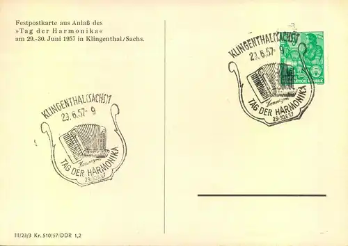 1957, seltene Karte "TAG DER HARMONIKA" mit entsprechendem Sonderstempel "KLINGENTHAL (SACHSEN)