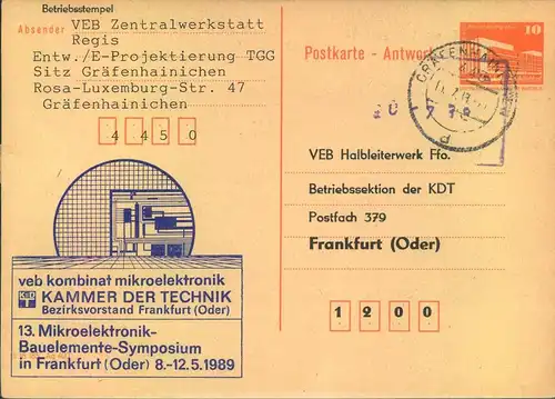 1989, Ganzsachenkarte mit privatem Zudruck "VEB Kombinat Mikroelektronik - Kammer der Technik" Bedarf