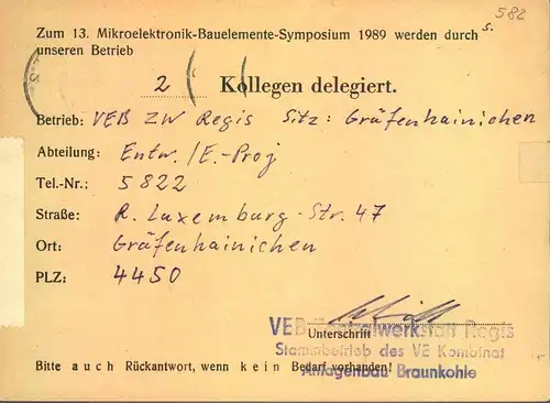 1989, Ganzsachenkarte mit privatem Zudruck "VEB Kombinat Mikroelektronik - Kammer der Technik" Bedarf