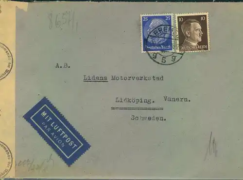 1942, Luftpostbrief mit OKW-Zensur und Hitler/Hindenburg-Frankatur ab BREMEN nach Schweden