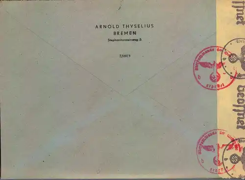 1942, Luftpostbrief mit OKW-Zensur und Hitler/Hindenburg-Frankatur ab BREMEN nach Schweden
