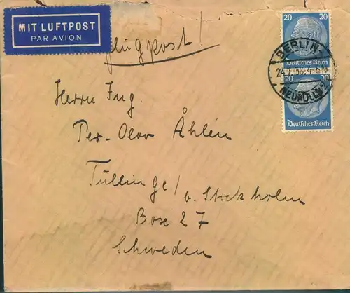 1936, Luftpostbrief mit 2-mal 20 Pfg. Hindenburg ab BERLIN nach Schweden (Brief 25 + LuPo 15)