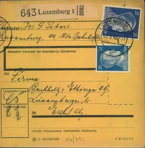 LUXEMBURG, 1943, Paketkarte von LUXEMBURG nach Esch.