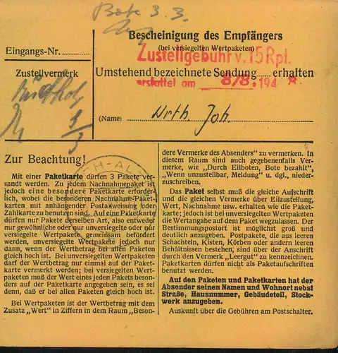 LUXEMBURG, 1943, Paketkarte von LUXEMBURG nach Esch.