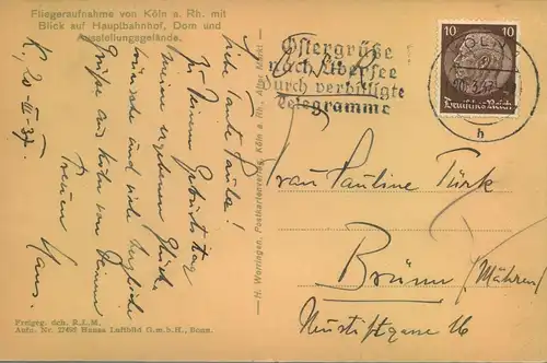 1937, Poskarte im Sondertarif ab "KÖLN 1" nach Brünn (Mähren)