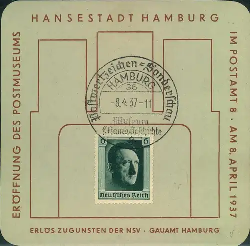 1937, Sonderkarte "Eröffnung des Postmuseums" mit SSt HAMBURG