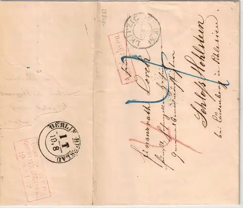 1851, unfrankierter Brif ab LEIPZIG mit Transit "Aus Sachsen", nach Schlesien. Rückseitig seltene Bahnpoststempel.