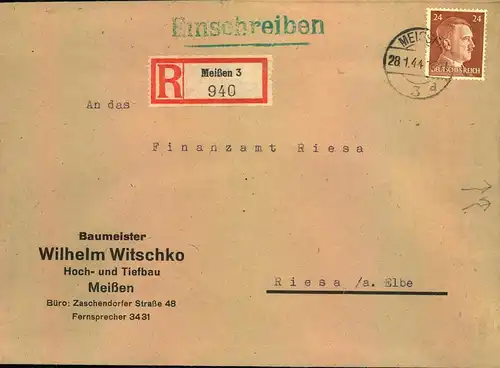 1944, Einschreiben (2. Gewicht) ab MEISSEN 3, R-Porto rückseitig durch Einheitsgeberstreifen.