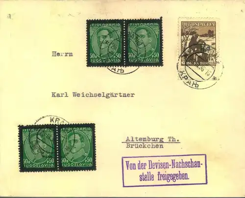 1936, Brief aus Kranj, Joguslawien mit seltener Devisenzensur "Von der Devisen-Nachschaustelle freigegeben"