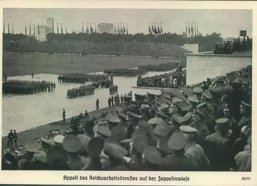 1938, Propagandakarte "Aplpell des Reichsarbeitsdienstes auf der Zeppelinwiese". Rücks. Befreiungsstempel von ASCH,