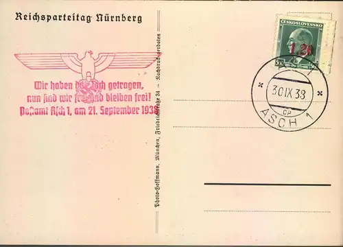 1938, Propagandakarte "Aplpell des Reichsarbeitsdienstes auf der Zeppelinwiese". Rücks. Befreiungsstempel von ASCH,