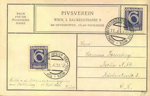 1933, Sonderkarte des PIUSVEREINS mit Sonderstempel "TÜRKENBEFREIUNGSFEIER"