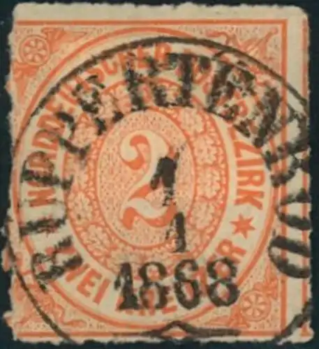 1968, 2 Kreuzer durchstochen mit zentrischem Ersttagstempel "RUPPERTENROD 1 1 1868"