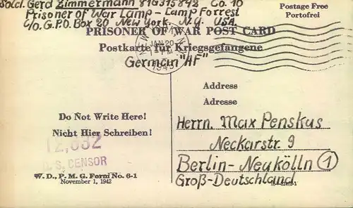 1945, 2 Kriegsgefangenenkarten aus USA ohne deutsche Zensur nach Berlin-Neukölln - stumme Überroller